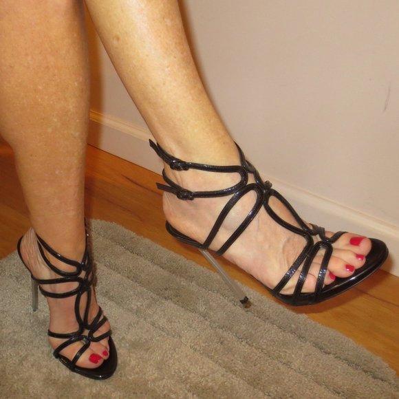NNB CASADEI Metal Blade Heel Black Patent High Heel Strappy Sandals - Picture 9 of 13